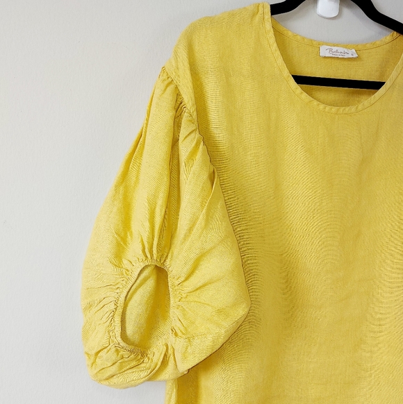Bellambia Linen Peasant Top Small Yellow Airy Puff Balloon Sleeves Elastic Cuffs - Picture 2 of 7
